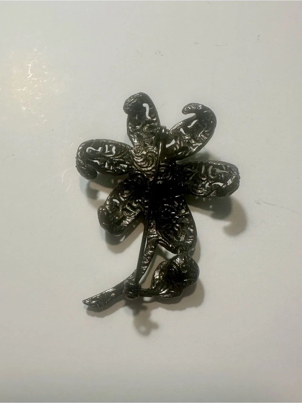 Vintage Gunmetal Rhinestone Flower Brooch Pin Olivine Yellow Crystal